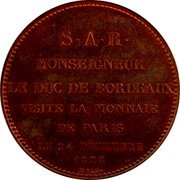 France 5 Francs Charles X. Duke de Bordeaux Visit to Paris Mint 1828 KM# M18 S A R MONSEIGNEUR LE DUC DE BORDEAUX VISITE LA MONNAIE DE PARIS LE 24 DÉCEMBRE 1828 N. TIOLIER coin reverse France 5 Francs Charles X. Duke de Bordeaux Visit to Paris Mint 1828 KM# M18 S A R MONSEIGNEUR LE DUC DE BORDEAUX VISITE LA MONNAIE DE PARIS LE 24 DÉCEMBRE 1828 N. TIOLIER coin reverse