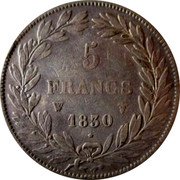 France 5 Francs Louis Philips I 1830 W KM# 735.13 5 FRANCS W 1831 coin reverse France 5 Francs Louis Philips I 1830 W KM# 735.13 5 FRANCS W 1831 coin reverse