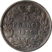 France 5 Francs Louis Philips I 1833 M KM# 749.9 5 FRANCS 1836 M coin reverse France 5 Francs Louis Philips I 1833 M KM# 749.9 5 FRANCS 1836 M coin reverse