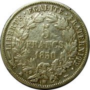 France 5 Francs Ceres 1850 BB KM# 761.2 LIBERTE EGALITE FRATERNITE 5 FRANCS 1850 BB coin reverse France 5 Francs Ceres 1850 BB KM# 761.2 LIBERTE EGALITE FRATERNITE 5 FRANCS 1850 BB coin reverse