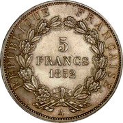 France 5 Francs Louis-Napoleon 1852 A KM# 773.1 REPUBLIQUE FRANÇAISE. 5 FRANCS 1852 A coin reverse France 5 Francs Louis-Napoleon 1852 A KM# 773.1 REPUBLIQUE FRANÇAISE. 5 FRANCS 1852 A coin reverse