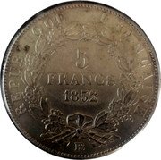 France 5 Francs Louis-Napoleon 1852 BB KM# 773.2 REPUBLIQUE FRANÇAISE. 5 FRANCS 1852 BB coin reverse France 5 Francs Louis-Napoleon 1852 BB KM# 773.2 REPUBLIQUE FRANÇAISE. 5 FRANCS 1852 BB coin reverse
