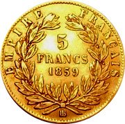 France 5 Francs Napoleon III 1859 BB KM# 787.2 EMPIRE FRANÇAIS 5 FRANCS 1860 BB coin reverse France 5 Francs Napoleon III 1859 BB KM# 787.2 EMPIRE FRANÇAIS 5 FRANCS 1860 BB coin reverse