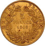 France 5 Francs Napoleon III 1868 BB KM# 803.2 EMPIRE FRANÇAIS 5 FRANCS 1868 BB coin reverse France 5 Francs Napoleon III 1868 BB KM# 803.2 EMPIRE FRANÇAIS 5 FRANCS 1868 BB coin reverse