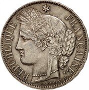 France 5 Francs Ceres 1870 A KM# 819 REPUBLIQUE FRANÇAISE. CONCOR E.A.OUDINÉ.F. coin obverse