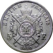 France 5 Francs Napoleon III 1870 BB KM# 799.2 EMPIRE FRANÇAIS 5 F. 1868 coin reverse France 5 Francs Napoleon III 1870 BB KM# 799.2 EMPIRE FRANÇAIS 5 F. 1868 coin reverse