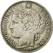 France 5 Francs Ceres. Error in Designer's Name 1870 K Star KM# 818.3 REPUBLIQUE FRANÇAISE. A. E. OUDINE. F. coin obverse