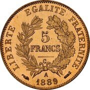 France 5 Francs Ceres 1889 A KM# 829 LIBERTE EGALITE FRATERNITE 5 FRANCS 1889 A coin reverse
