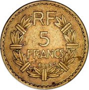 France 5 Francs Marianne 1939 (a) KM# 888a.1 RF 5 FRANCS 1938 coin reverse