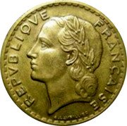 France 5 Francs Marianne 1945 (a) Open 9 KM# 888a.2 REPUBLIQUE FRANÇAISE A. LAVRILLIER coin obverse France 5 Francs Marianne 1945 (a) Open 9 KM# 888a.2 REPUBLIQUE FRANÇAISE A. LAVRILLIER coin obverse