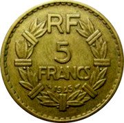 France 5 Francs Marianne 1945 (a) Open 9 KM# 888a.2 RF 5 FRANCS 1947 coin reverse France 5 Francs Marianne 1945 (a) Open 9 KM# 888a.2 RF 5 FRANCS 1947 coin reverse