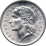 France 5 Francs Marianne 1950 (a) Closed 9 KM# 888b.1 REPUBLIQUE FRANÇAISE A.LAVRILLIER coin obverse France 5 Francs Marianne 1950 (a) Closed 9 KM# 888b.1 REPUBLIQUE FRANÇAISE A.LAVRILLIER coin obverse
