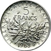 France 5 Francs The Sower 1963 KM# 926 LIBERTE EGALITE FRATERNITE 5 FRANCS 1963 coin reverse France 5 Francs The Sower 1963 KM# 926 LIBERTE EGALITE FRATERNITE 5 FRANCS 1963 coin reverse