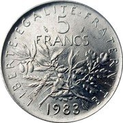 France 5 Francs The Sower 1988 KM# 926a.1 LIBERTE EGALITE FRATERNITE 5 FRANCS 1970 coin reverse France 5 Francs The Sower 1988 KM# 926a.1 LIBERTE EGALITE FRATERNITE 5 FRANCS 1970 coin reverse