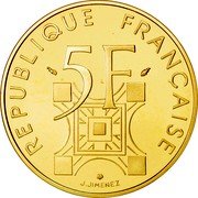 France 5 Francs 100th Anniversary of the Eiffel Tower 1989 Proof KM# 968b REPUBLIQUE FRANÇAISE 5 F J. JIMENEZ coin obverse France 5 Francs 100th Anniversary of the Eiffel Tower 1989 Proof KM# 968b REPUBLIQUE FRANÇAISE 5 F J. JIMENEZ coin obverse