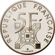 France 5 Francs 100th Anniversary of the Eiffel Tower 1989 Proof KM# 968a REPUBLIQUE FRANÇAISE 5 F J. JIMENEZ coin obverse France 5 Francs 100th Anniversary of the Eiffel Tower 1989 Proof KM# 968a REPUBLIQUE FRANÇAISE 5 F J. JIMENEZ coin obverse