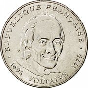 France 5 Francs 300th Anniversary of the Birth of Voltaire 1994 KM# 1063 RÉPUBLIQUE FRANÇAISE 1694 VOLTAIRE 1778 coin obverse France 5 Francs 300th Anniversary of the Birth of Voltaire 1994 KM# 1063 RÉPUBLIQUE FRANÇAISE 1694 VOLTAIRE 1778 coin obverse