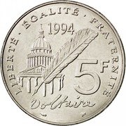 France 5 Francs 300th Anniversary of the Birth of Voltaire 1994 KM# 1063 LIBERTÉ ÉGALITÉ FRATERNITÉ 1994 5F VOLTAIRE coin reverse France 5 Francs 300th Anniversary of the Birth of Voltaire 1994 KM# 1063 LIBERTÉ ÉGALITÉ FRATERNITÉ 1994 5F VOLTAIRE coin reverse