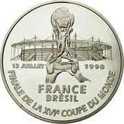 France 5 Francs FIFA World Cup 1998 Proof KM# 1212 12 JUILLET 1998 FRANCE BRÉSIL FINALE DE LA XVIE COUPE DU MONDE coin reverse