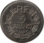 France 5 Francs Marianne 1933 (a) KM# 888 RF 5 FRANCS 1933 coin reverse France 5 Francs Marianne 1933 (a) KM# 888 RF 5 FRANCS 1933 coin reverse
