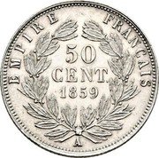 France 50 Centimes Napoleon III 1859 A KM# 794.1 EMPIRE FRANÇAIS 50 CENT. 1858 A coin reverse France 50 Centimes Napoleon III 1859 A KM# 794.1 EMPIRE FRANÇAIS 50 CENT. 1858 A coin reverse