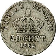 France 50 Centimes Napoleon III 1864 K KM# 814.3 EMPIRE FRANÇAIS 50 CENT. 1867 K coin reverse France 50 Centimes Napoleon III 1864 K KM# 814.3 EMPIRE FRANÇAIS 50 CENT. 1867 K coin reverse
