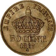 France 50 Centimes Napoleon III 1867 A KM# 814.1 EMPIRE FRANÇAIS 50 CENT. 1865 A coin reverse France 50 Centimes Napoleon III 1867 A KM# 814.1 EMPIRE FRANÇAIS 50 CENT. 1865 A coin reverse