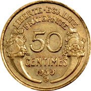 France 50 Centimes Liberty 1939 B KM# 894.2 LIBERTE - EGALITE FRATERNITE 50 CENTIMES 1939 B coin reverse France 50 Centimes Liberty 1939 B KM# 894.2 LIBERTE - EGALITE FRATERNITE 50 CENTIMES 1939 B coin reverse