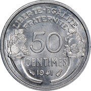 France 50 Centimes Liberty 1941 KM# 894.1a LIBERTE EGALITE FRATERNITE 50 CENTIMES 1941 coin reverse France 50 Centimes Liberty 1941 KM# 894.1a LIBERTE EGALITE FRATERNITE 50 CENTIMES 1941 coin reverse