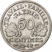 France 50 Centimes Ax and Grain Sprigs 1942 KM# 914.1 TRAVAIL FAMILLE PATRIE 50 CENTIMES 1942 coin reverse France 50 Centimes Ax and Grain Sprigs 1942 KM# 914.1 TRAVAIL FAMILLE PATRIE 50 CENTIMES 1942 coin reverse