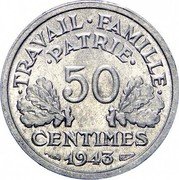 France 50 Centimes Ax and Grain Sprigs 1943 B KM# 914.2 TRAVAIL FAMILLE PATRIE 50 CENTIMES 1944 coin reverse France 50 Centimes Ax and Grain Sprigs 1943 B KM# 914.2 TRAVAIL FAMILLE PATRIE 50 CENTIMES 1944 coin reverse