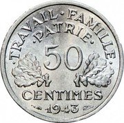 France 50 Centimes Ax and Grain Sprigs 1943 KM# 914.4 TRAVAIL FAMILLE PATRIE 50 CENTIMES 1943 coin reverse France 50 Centimes Ax and Grain Sprigs 1943 KM# 914.4 TRAVAIL FAMILLE PATRIE 50 CENTIMES 1943 coin reverse