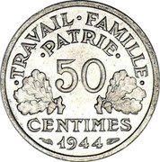 France 50 Centimes Ax and Grain Sprigs 1944 C KM# 914.3 TRAVAIL FAMILLE PATRIE 50 CENTIMES 1944 coin reverse France 50 Centimes Ax and Grain Sprigs 1944 C KM# 914.3 TRAVAIL FAMILLE PATRIE 50 CENTIMES 1944 coin reverse