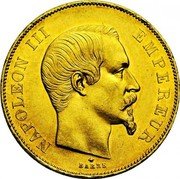 France 50 Francs Napoleon III 1855 BB KM# 785.2 NAPOLEON III EMPEREUR BARRE coin obverse France 50 Francs Napoleon III 1855 BB KM# 785.2 NAPOLEON III EMPEREUR BARRE coin obverse