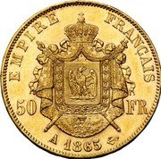 France 50 Francs Napoleon III 1865 A KM# 804.1 EMPIRE FRANÇAIS 50 FR A 1866 coin reverse France 50 Francs Napoleon III 1865 A KM# 804.1 EMPIRE FRANÇAIS 50 FR A 1866 coin reverse