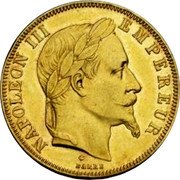 France 50 Francs Napoleon III 1867 BB KM# 804.2 NAPOLEON III EMPEREUR BARRE coin obverse France 50 Francs Napoleon III 1867 BB KM# 804.2 NAPOLEON III EMPEREUR BARRE coin obverse