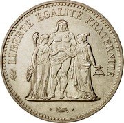 France 50 Francs Hercules Group 1974 KM# 941.2 LIBERTÉ ÉGALITÉ FRATERNITÉ DUPRÉ coin reverse
