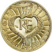 France 50 Francs Yves Saint-Laurent 2000 Proof KM# 1236 LIBERTÉ ÉGALITÉ FRATERNITÉ 50 FRANCS 2000 RF coin obverse France 50 Francs Yves Saint-Laurent 2000 Proof KM# 1236 LIBERTÉ ÉGALITÉ FRATERNITÉ 50 FRANCS 2000 RF coin obverse