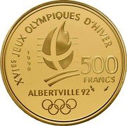 France 500 Francs Olympics. Bobsledding 1990 Proof KM# 986 XVIES JEUX OLYMPIQUES D'HIVER 500 FRANCS ALBERTVILLE 92 1990 coin reverse France 500 Francs Olympics. Bobsledding 1990 Proof KM# 986 XVIES JEUX OLYMPIQUES D'HIVER 500 FRANCS ALBERTVILLE 92 1990 coin reverse