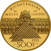 France 500 Francs Bicentennial of the Louvre. Liberty 1993 Proof KM# 1026 BICENTENAIRE DU MUSÉE DU LOUVRE 1993 500 F coin reverse France 500 Francs Bicentennial of the Louvre. Liberty 1993 Proof KM# 1026 BICENTENAIRE DU MUSÉE DU LOUVRE 1993 500 F coin reverse