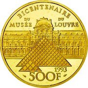 France 500 Francs Bicentennial of the Louvre. Venus de Milo 1993 Proof KM# 1025.1 BICENTENAIRE DU MUSÉE DU LOUVRE 500 F coin reverse France 500 Francs Bicentennial of the Louvre. Venus de Milo 1993 Proof KM# 1025.1 BICENTENAIRE DU MUSÉE DU LOUVRE 500 F coin reverse