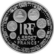 France 6.55957 Francs Europa 1999 KM# 1255 RF 6,55957 FRANCS BELGIQUE/BELGIË-DEUTSCHLAND-ESPAÑA-FRANCE- 40,3399 1,95583 166,386 6,55957 IRELAND-ITALIA-LUXEMBOURG-NEDERLAND-ÖSTERREICH 0,767564 1936,27 40,3399 2,20371 13,7603 PORTUGAL-SUOMI 200,482 5,945573 coin obverse France 6.55957 Francs Europa 1999 KM# 1255 RF 6,55957 FRANCS BELGIQUE/BELGIË-DEUTSCHLAND-ESPAÑA-FRANCE- 40,3399 1,95583 166,386 6,55957 IRELAND-ITALIA-LUXEMBOURG-NEDERLAND-ÖSTERREICH 0,767564 1936,27 40,3399 2,20371 13,7603 PORTUGAL-SUOMI 200,482 5,945573 coin obverse