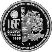 France 6.55957 Francs European Art Styles. Roman Art 1999 Proof KM# 1245 RF 6,55957 FRANCS 1999  EUROPA BELGIQUE/BELGIË-DEUTSCHLAND-ESPAÑA-FRANCE-IRELAND-ITALIA-LUXEMBOURG-NEDERLAND-ÖSTERREICH-PORTUGAL-SUOMI- coin obverse France 6.55957 Francs European Art Styles. Roman Art 1999 Proof KM# 1245 RF 6,55957 FRANCS 1999  EUROPA BELGIQUE/BELGIË-DEUTSCHLAND-ESPAÑA-FRANCE-IRELAND-ITALIA-LUXEMBOURG-NEDERLAND-ÖSTERREICH-PORTUGAL-SUOMI- coin obverse