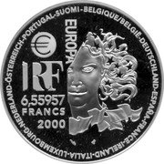 France 6.55957 Francs European Art Styles. Classical and Baroque 2000 Proof KM# 1226 EUROPA RF 6,55957 FRANCS 2000 BELGIQUE/BELGIË-DEUTSCHLAND-ESPAÑA-FRANCE-IRELAND-ITALIA-LUXEMBOURG-NEDERLAND-ÖSTERREICH-PORTUGAL-SUOMI- coin obverse France 6.55957 Francs European Art Styles. Classical and Baroque 2000 Proof KM# 1226 EUROPA RF 6,55957 FRANCS 2000 BELGIQUE/BELGIË-DEUTSCHLAND-ESPAÑA-FRANCE-IRELAND-ITALIA-LUXEMBOURG-NEDERLAND-ÖSTERREICH-PORTUGAL-SUOMI- coin obverse