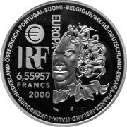 France 6.55957 Francs European Art Styles. Renaissance 2000 Proof KM# 1225 - BELGIQUE / BELGIË - DEUTSCHLAND - ESPAÑA - FRANCE - IRELAND - ITALIA - LUXEMBOURG - NEDERLAND - ÖSTERREICH - PORTUGAL - SUOMI € EUROPA RF 6,55957 FRANCS 2000 coin obverse France 6.55957 Francs European Art Styles. Renaissance 2000 Proof KM# 1225 - BELGIQUE / BELGIË - DEUTSCHLAND - ESPAÑA - FRANCE - IRELAND - ITALIA - LUXEMBOURG - NEDERLAND - ÖSTERREICH - PORTUGAL - SUOMI € EUROPA RF 6,55957 FRANCS 2000 coin obverse