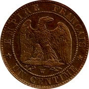 France Centime Napoleon III 1855 W (d) KM# 775.7 EMPIRE FRANÇAIS W UN CENTIME coin reverse France Centime Napoleon III 1855 W (d) KM# 775.7 EMPIRE FRANÇAIS W UN CENTIME coin reverse