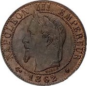 France Centime Napoleon III 1862 BB KM# 795.2 NAPOLEON III EMPEREUR BARRE 1861 coin obverse France Centime Napoleon III 1862 BB KM# 795.2 NAPOLEON III EMPEREUR BARRE 1861 coin obverse