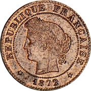 France 1 Centime Ceres 1872 K KM# 826.2 RÉPUBLIQUE FRANÇAISE CONCOR 1878 coin obverse France 1 Centime Ceres 1872 K KM# 826.2 RÉPUBLIQUE FRANÇAISE CONCOR 1878 coin obverse