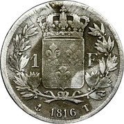 France Franc Louis XVIII 1816 T KM# 709.11 1 F 1816 T coin reverse France Franc Louis XVIII 1816 T KM# 709.11 1 F 1816 T coin reverse
