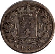 France Franc Louis XVIII 1820 B KM# 709.2 1 F 1820 B coin reverse France Franc Louis XVIII 1820 B KM# 709.2 1 F 1820 B coin reverse